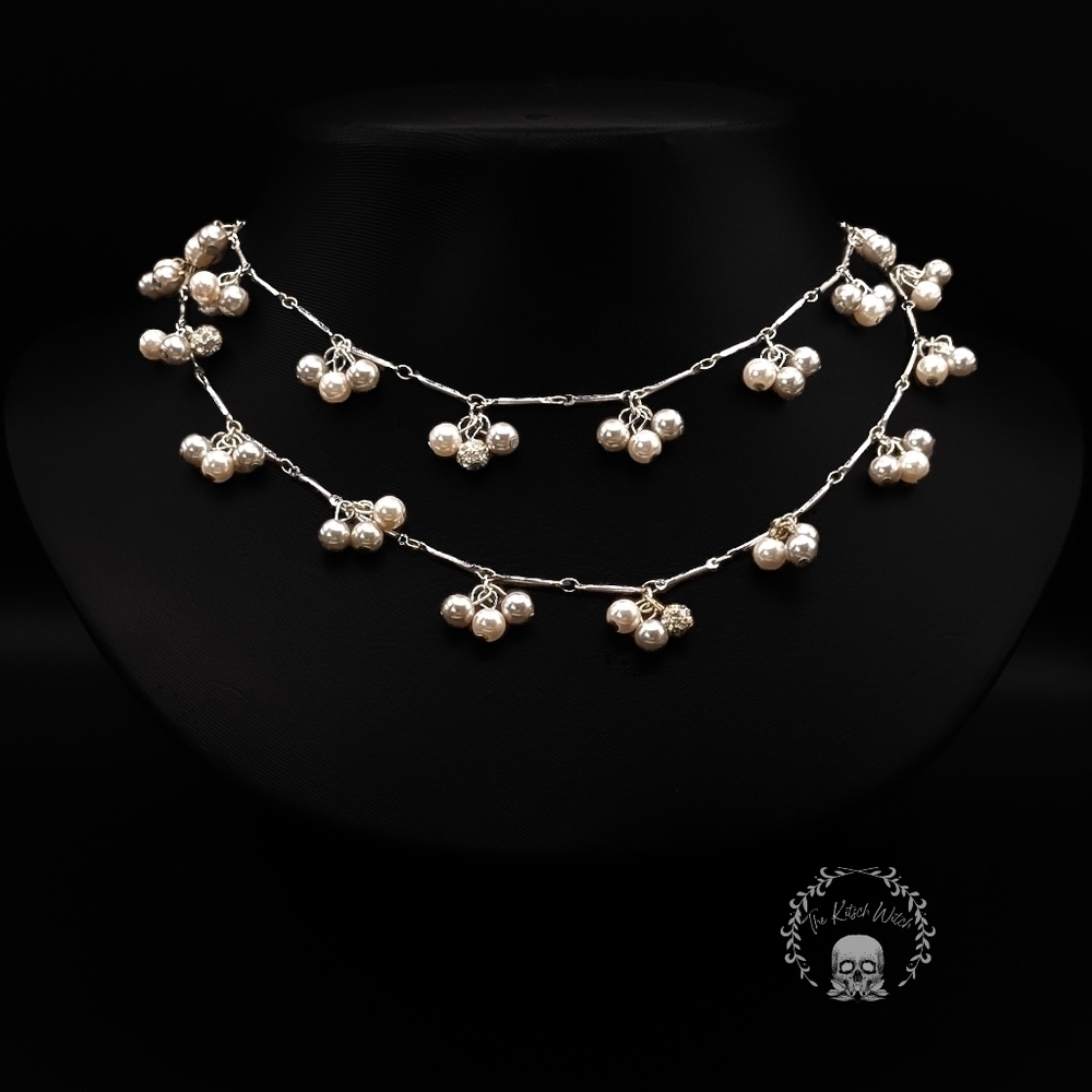 Chaps Long Faux Pearl and Rhinestone Dangle Necklace in Silver Tone